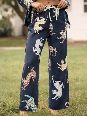Anthropologie Flannel Pajama Sleep Pants Navy Blue Tiger/Leopard/Cat Print Small